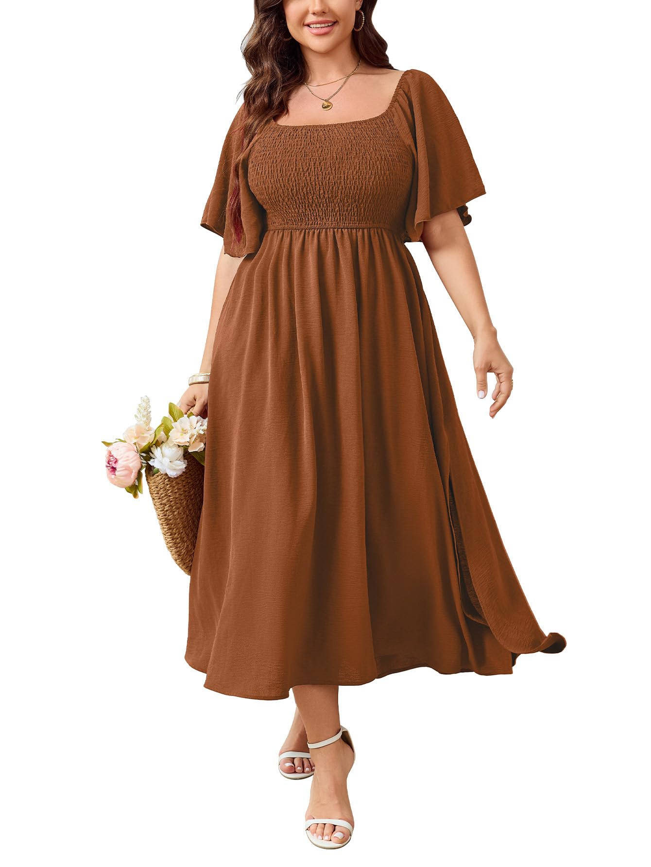SHESTARR Women's Plus Size Dress Short Sleeve Square Neck Smocked Side Split Flowy A Line Long Maxi Dress