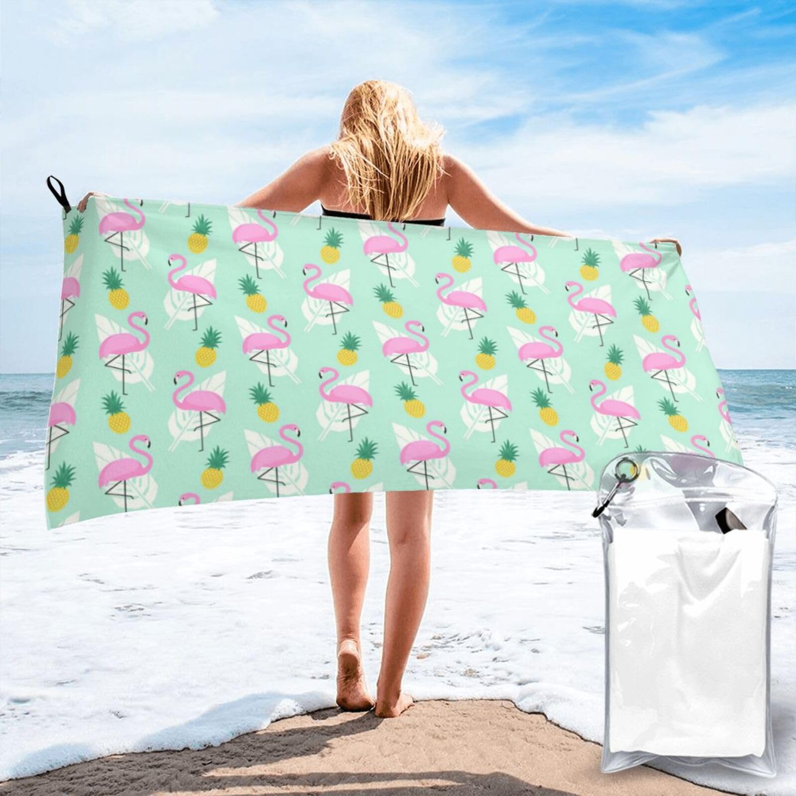 Jiuty White Pink Flamingo Pineapples Print Fast Dry Beach Towel Portable For Swimming Travel Gym Hiking Gift