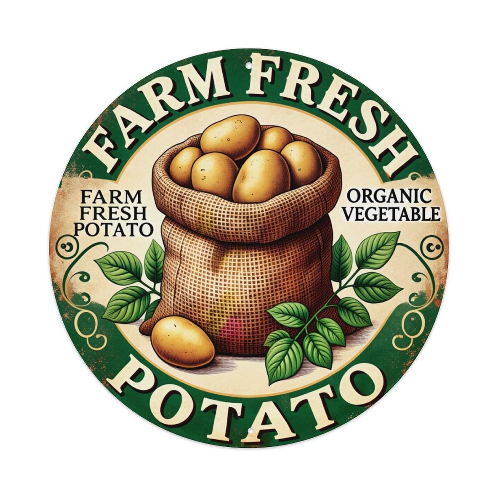 Farm Fresh Potato Organic Vegetable Round Tin Sign Vintage Metal Poster, Home Bar Garage Man Cave Cafe Indoor & Outdoor Wall Decoration 8x8Inches