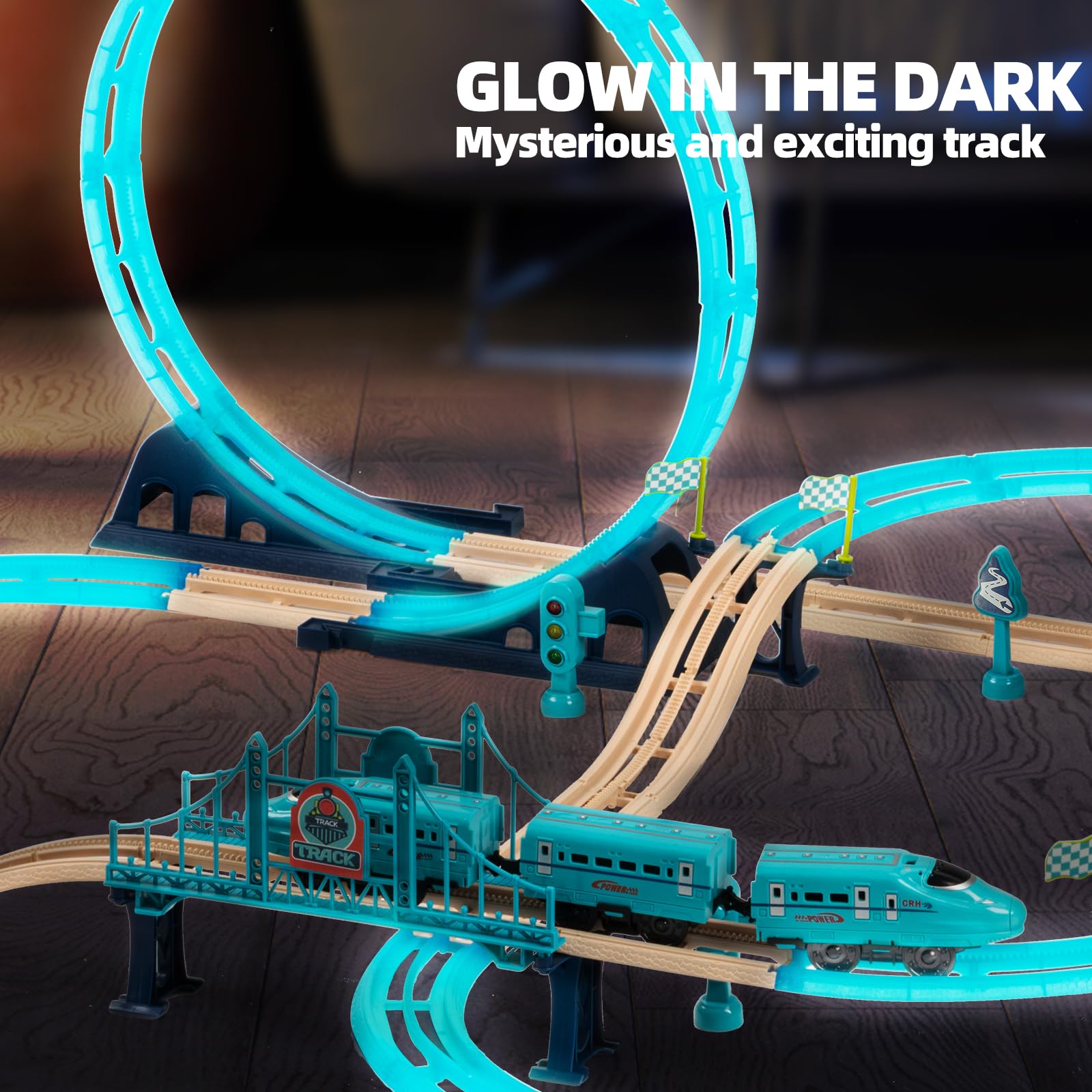 Toy Train Race Track Set - Battery-Powered Electric Toddlers Travel Train Railroad Toy, Glow in The Dark High Speed Raiway Racer Car Track Playset, DIY Birthday Gifts for Kids Boys Girls 4