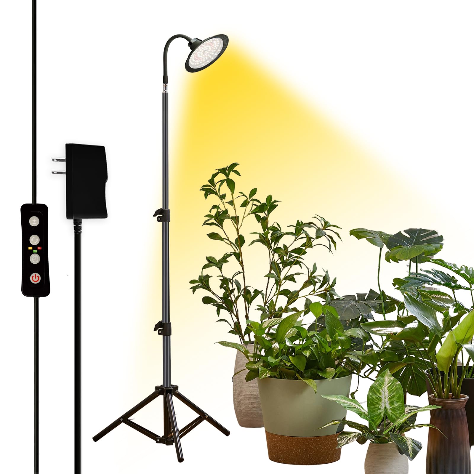 yadoker Halo Grow Light, Full Spectrum LED Floor Plant Light for Indoor Plants, Grow Lamp with 8H/12H/16H Timer, 10-Level Brightness, Height Adjustable, Flexible Gooseneck,Ideal for Tall Plants
