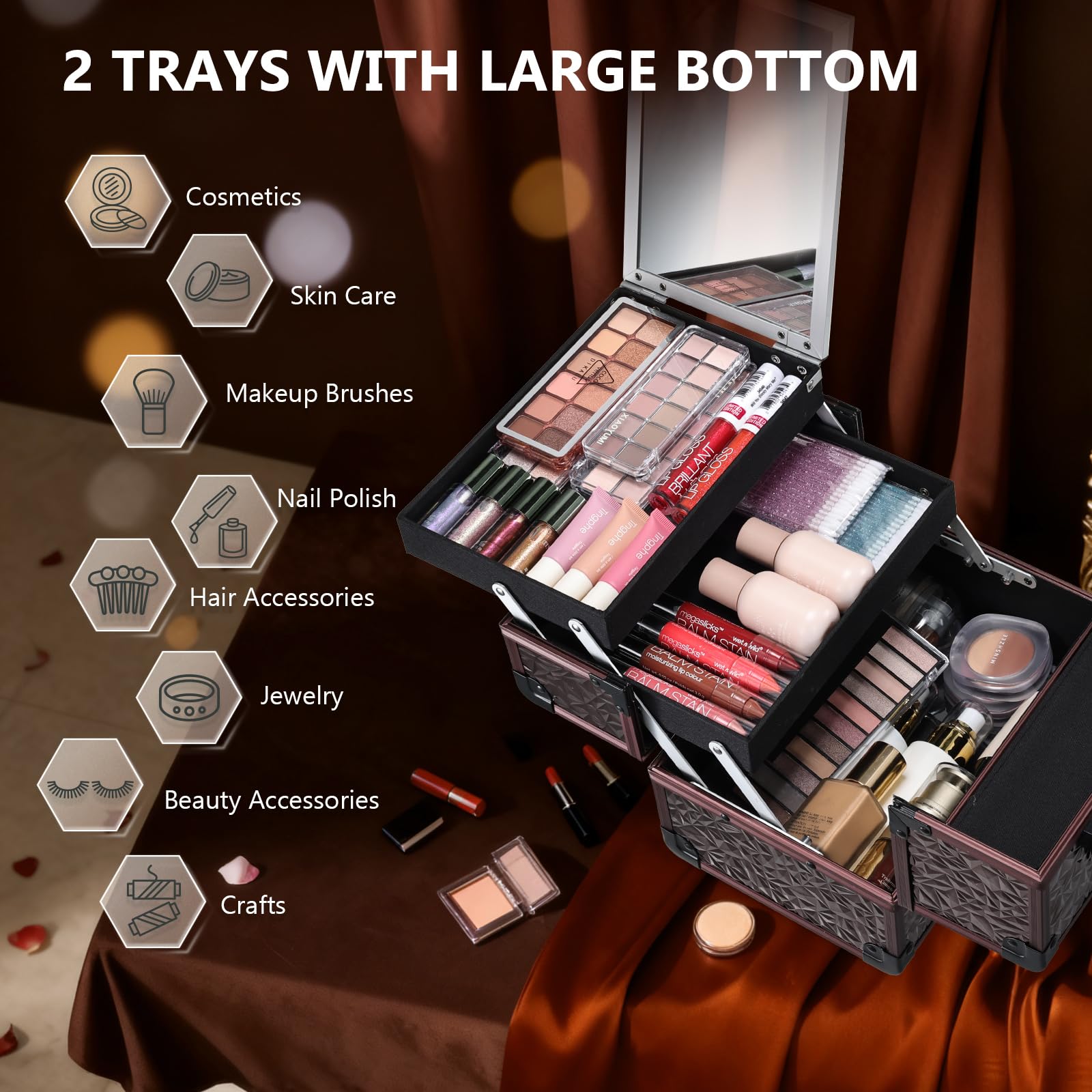 Joligrace Portable Makeup Train Case with Mirror and 2-Tier Trays