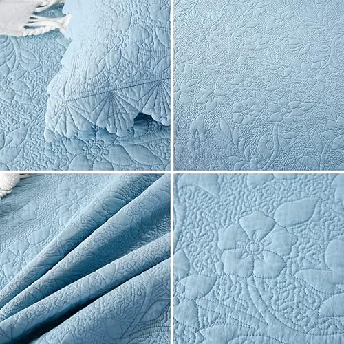 Miniatura 6 de vctops Juego de edredón acolchado de algodón bordado de 3 piezas, reversible, ligero, edredón de flores y hojas de granja con fundas de almohada