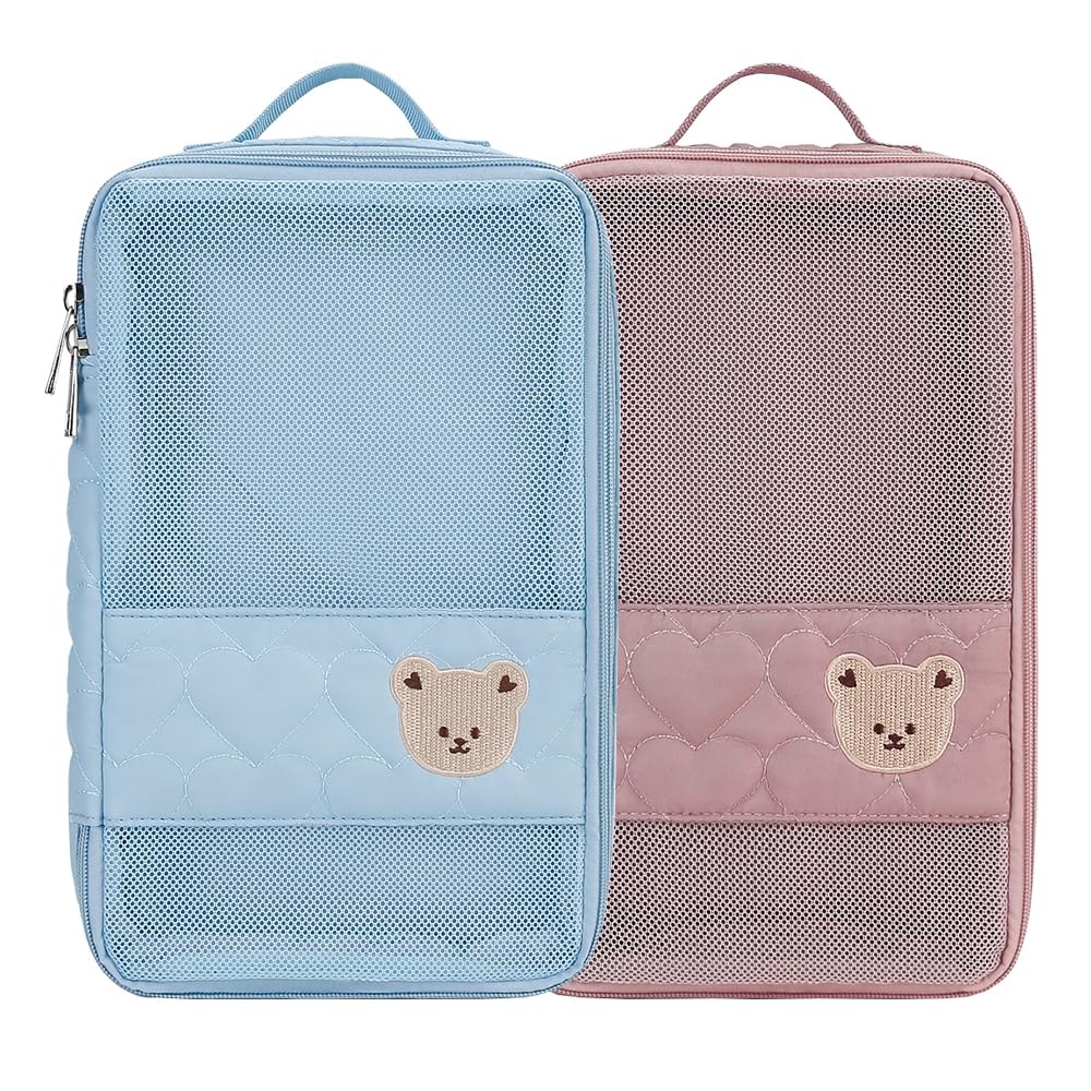 Baby Diaper Bag Organizer Pouches - 2 Pack Waterproof Pod Hanging Diaper Bag Cute Bear Mesh Bag Reusable, Washable or Baby Cloth Diapers (Pink&Blue)