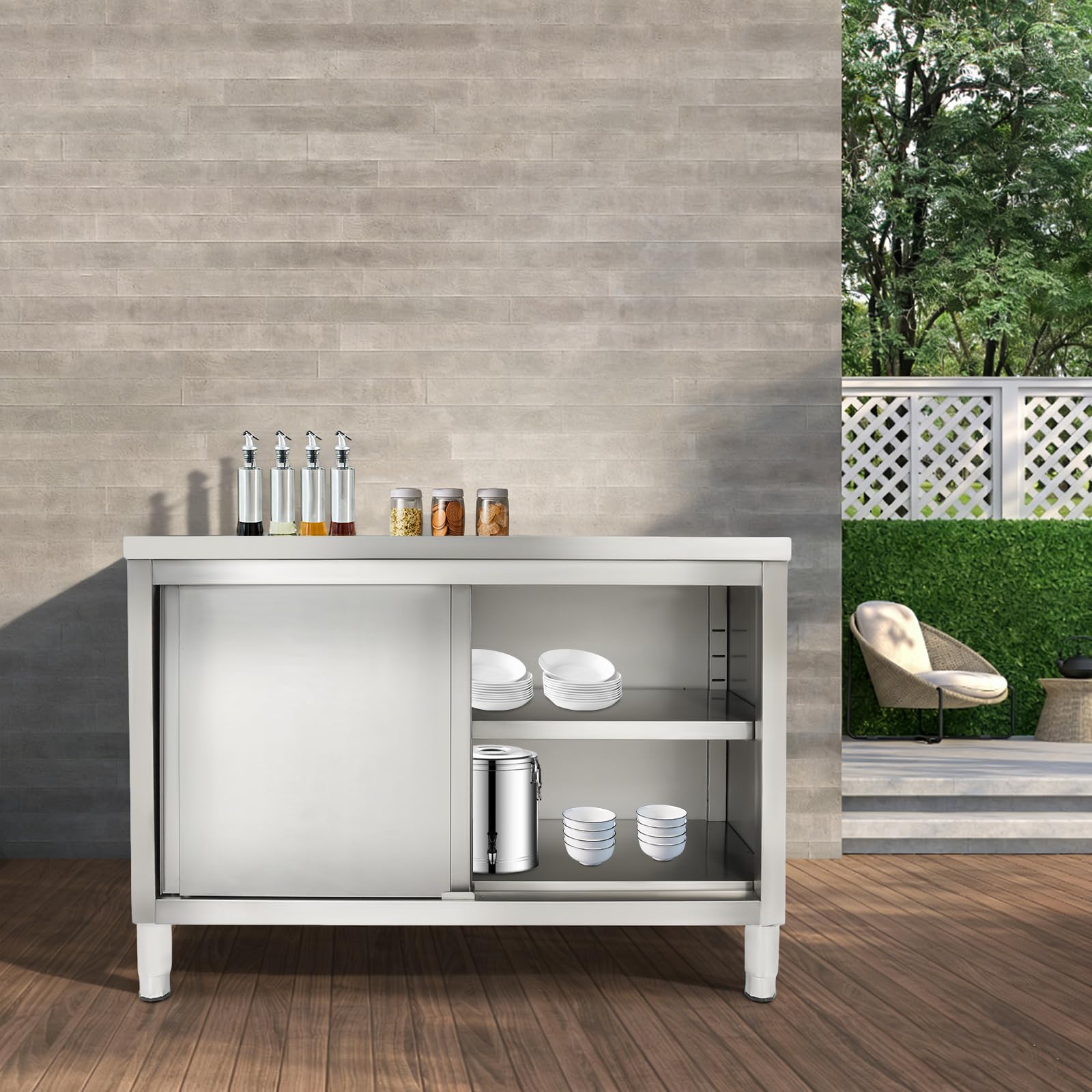 Tavolo da lavoro a 3 piani in acciaio inox con ante scorrevoli, 120 x 50 cm, tavolo di preparazione commerciale con grande piano di lavoro e armadio, in acciaio inox, per ristorante, casa