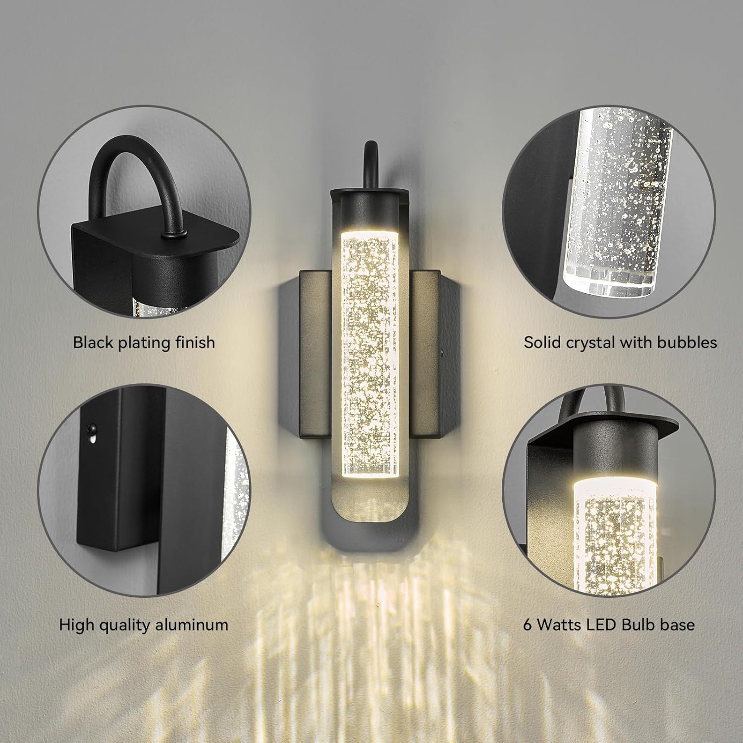 Modern Black Wall Sconces Set of Two Indoor Wall Lamp LED 4000K Neutral White Wall Lights with Bubble Crystal Wall Mounted Light Living Room Bathroom Dimmable Sconce Wall Lighting