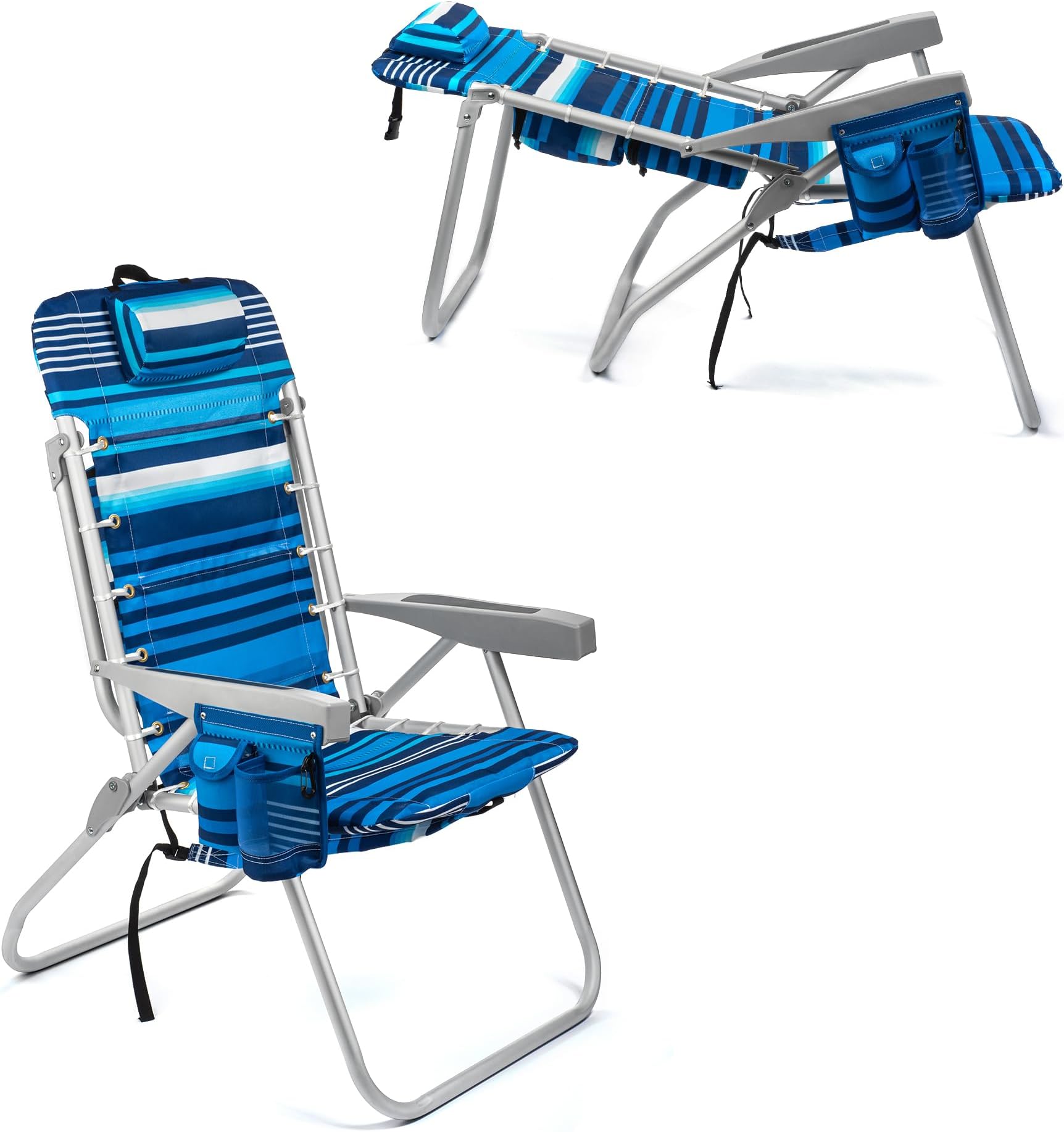 Homevative Folding Tall Backpack Beach Chair with 5 Positions, Towel bar, Cooler and Storage Pouch, Cup Holder and Phone Holder, High Tide Blue