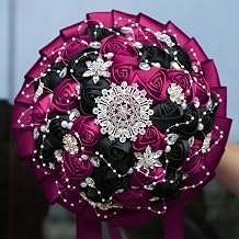 Bride Holding Flowers, Luxury Handmade Wedding Bridal Bouquet with Large Silk Roses Satin Ribbon Pearls Romantic Wedding Colorful Rose Bride s Bouquet Dark Fuchsia + Black,9.4"/24cm