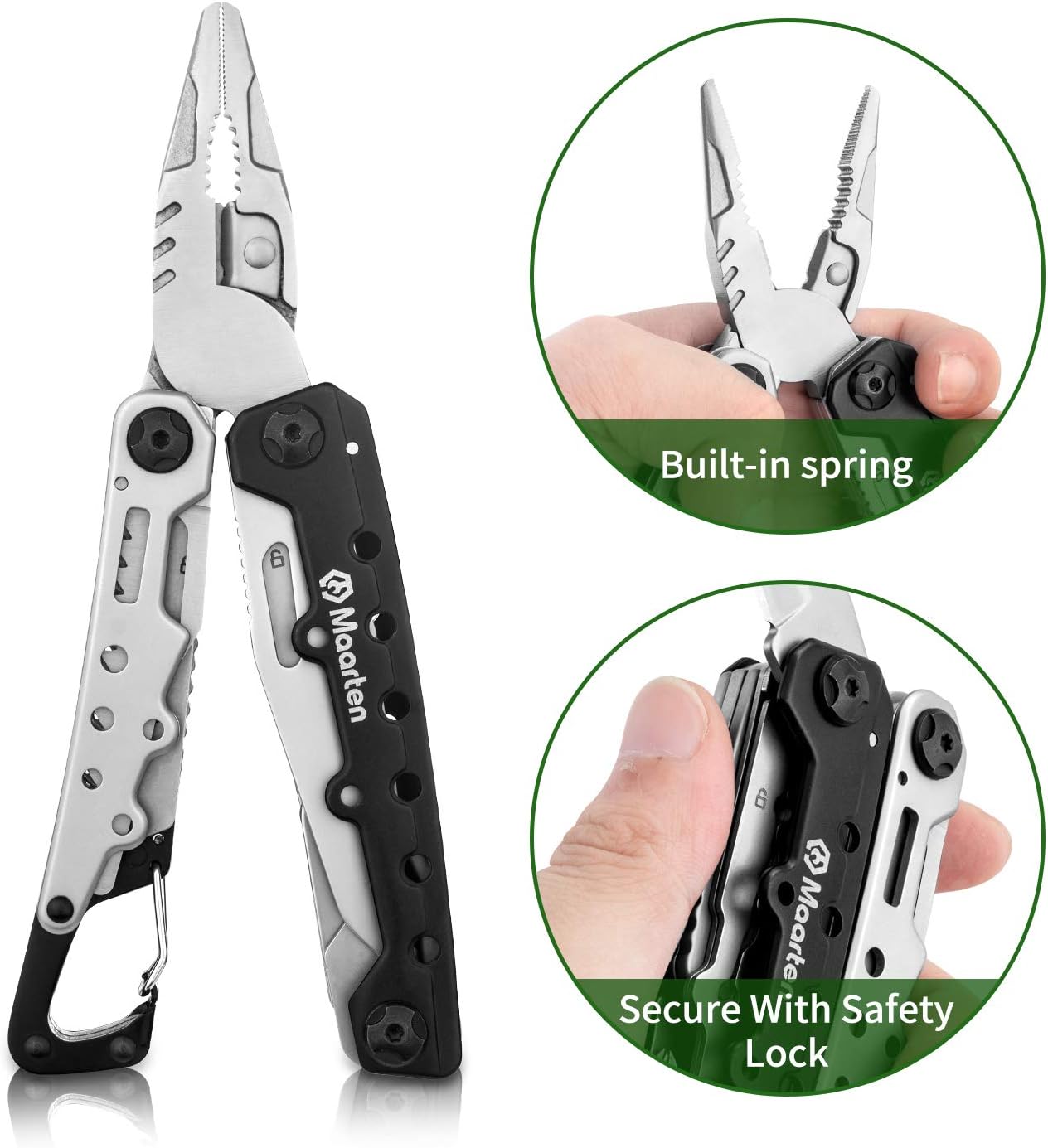 Maarten Lightweight Multitool Pliers, 11 in 1 Suspension Multi-Plier with Carabiner, Stainless Steel Portable Pocket Keychain Multi tool with Spring Pliers, Folding Saw, Bottle Opener and Sheath
