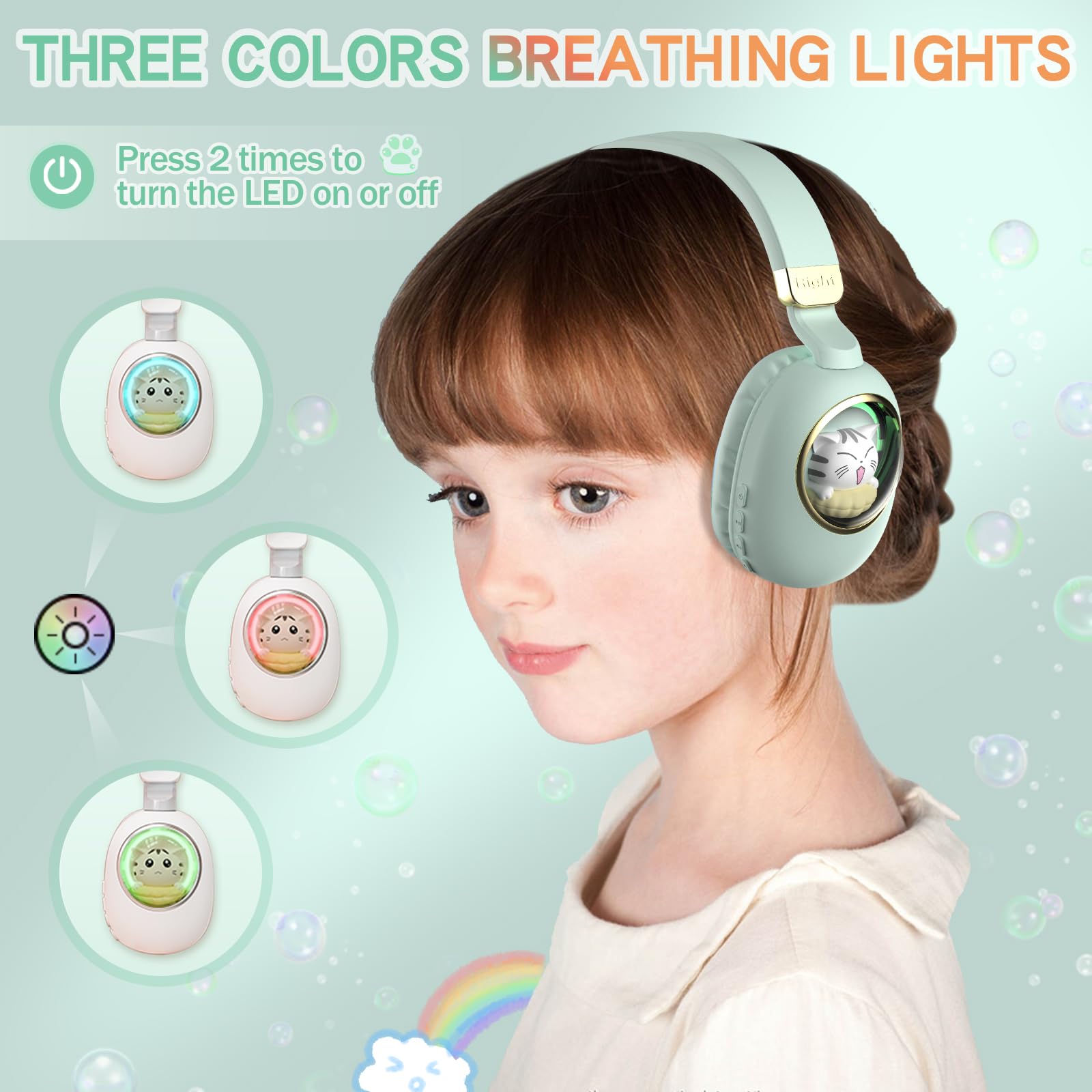 Casque de jeu pour filles vert avec microphone – Casque filaire et sans fil avec suppression du bruit pour enfants et école – Écouteurs Bluetooth