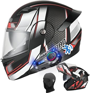 Motorcycle Bluetooth Modular Helmet, DOT Approved Dual Visor Full Face Flip Up Bluetooth Integrated Motorcycle Helmet for Adults Men and Women