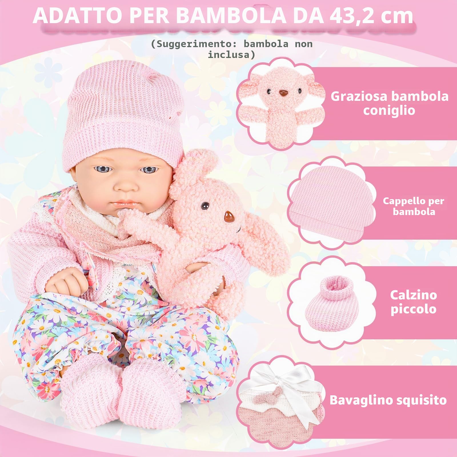 deAO Abbigliamento per Bambole con Culla - Set 11 Pezzi (30-43 cm) 3+ Anni