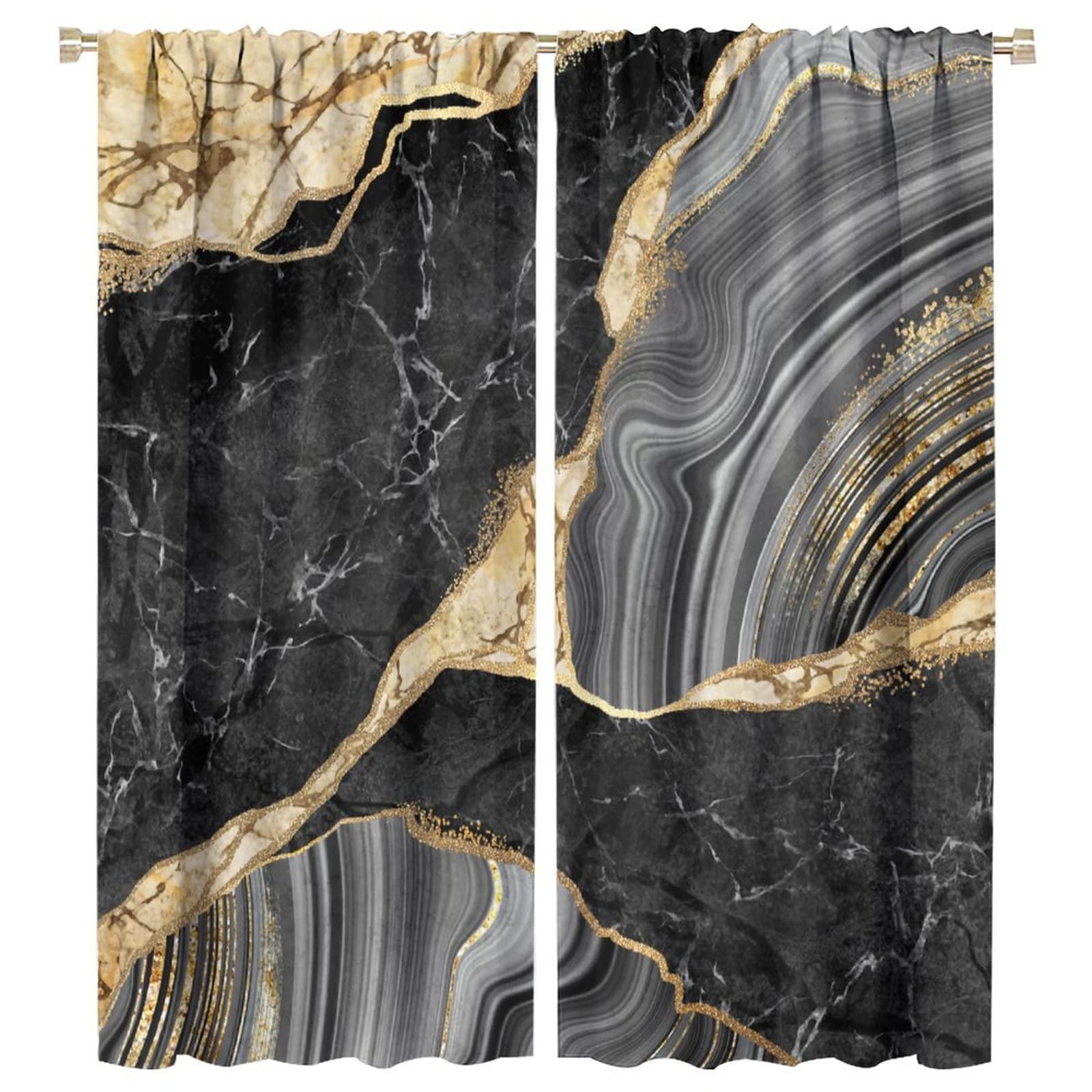 HZOHNAGO Black Gold Marble Curtain Modern Abstract Art Blackout Print Rod Pocket Window Drapes for Bedroom Living Room 55x63in