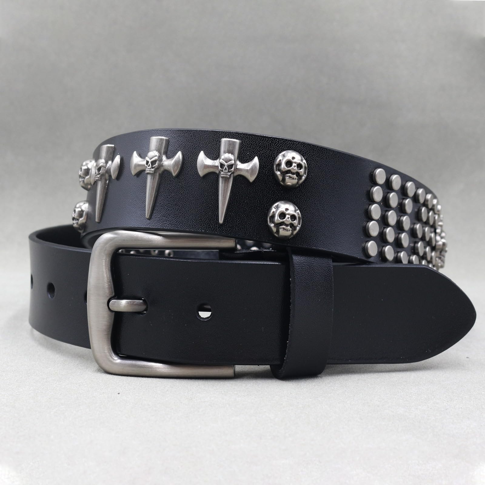 Punk-Style Gürtel mit Kreuz und Nieten-Totenkopf - Echtleder Gürtel für Herren, Vielseitiges Totenkopf-Nietengürtel, Passt zu Jeder Outfit-Kombination(105cm/41, Black)