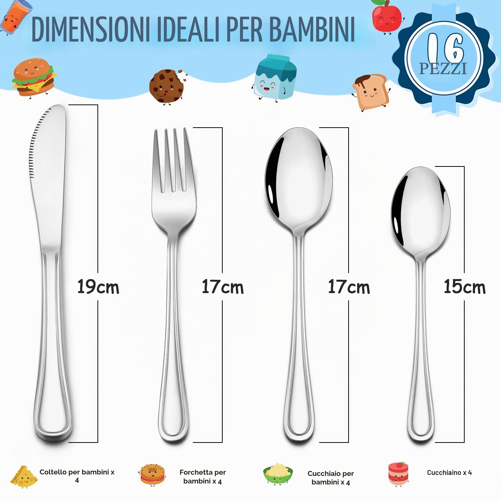 HaWare Set di 8 posate per bambini in acciaio inox (16, linee semplici)