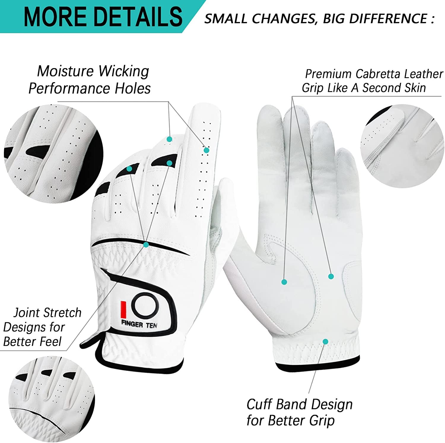 FINGER TEN Men's Golf Glove Men Left Right Hand Cabretta Leather Palm Breathable Comfortable Weathersof Grip Superior Fit Soft (Large - Image 2
