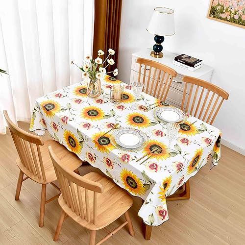 Miniatura 2 de Mantel de girasol impermeable de 60 x 104 pulgadas, mantel floral de vinilo con reverso de franela para mesas rectangulares, comedor de primavera y
