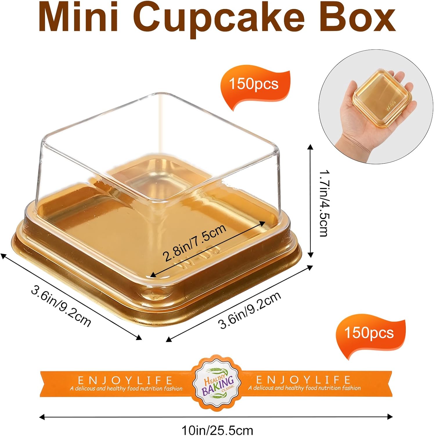 150 Pcs Mini Cake Box, 3.5" Clear Plastic Cupcake Container with Stickers | Container Box with Lids & Stickers, Small Single Square Moon Cake Box for Macarons, Mooncakes, Cookies, Muffins, Gold