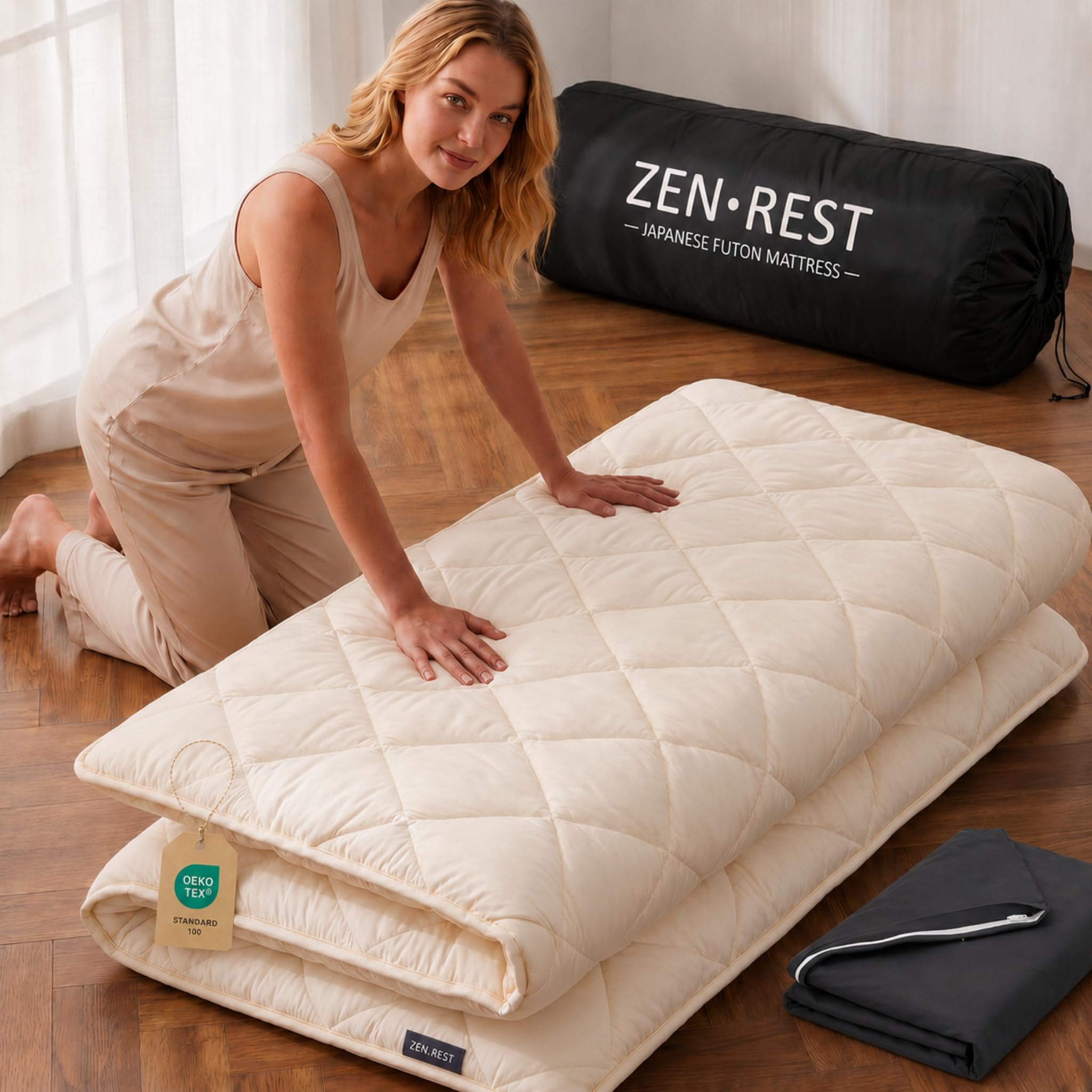 Zen.Rest 7 Layer Memory Foam Japanese Futon Mattress with Portable Storage Bag, Foldable Roll Up, Thick Tatami Mat,Floor Lounger Bed, Floor Mattress Guest Sleeping Pad (Twin)
