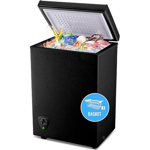 WANAI 63L Chest Freezer Deep Mini Freezer with One Removable Basket Fast Freezing Compact Size Freezers with 7 Temp Control from -11.2 ℉ to 50 ℉ Ideal for Home Kitchen Apt Black
