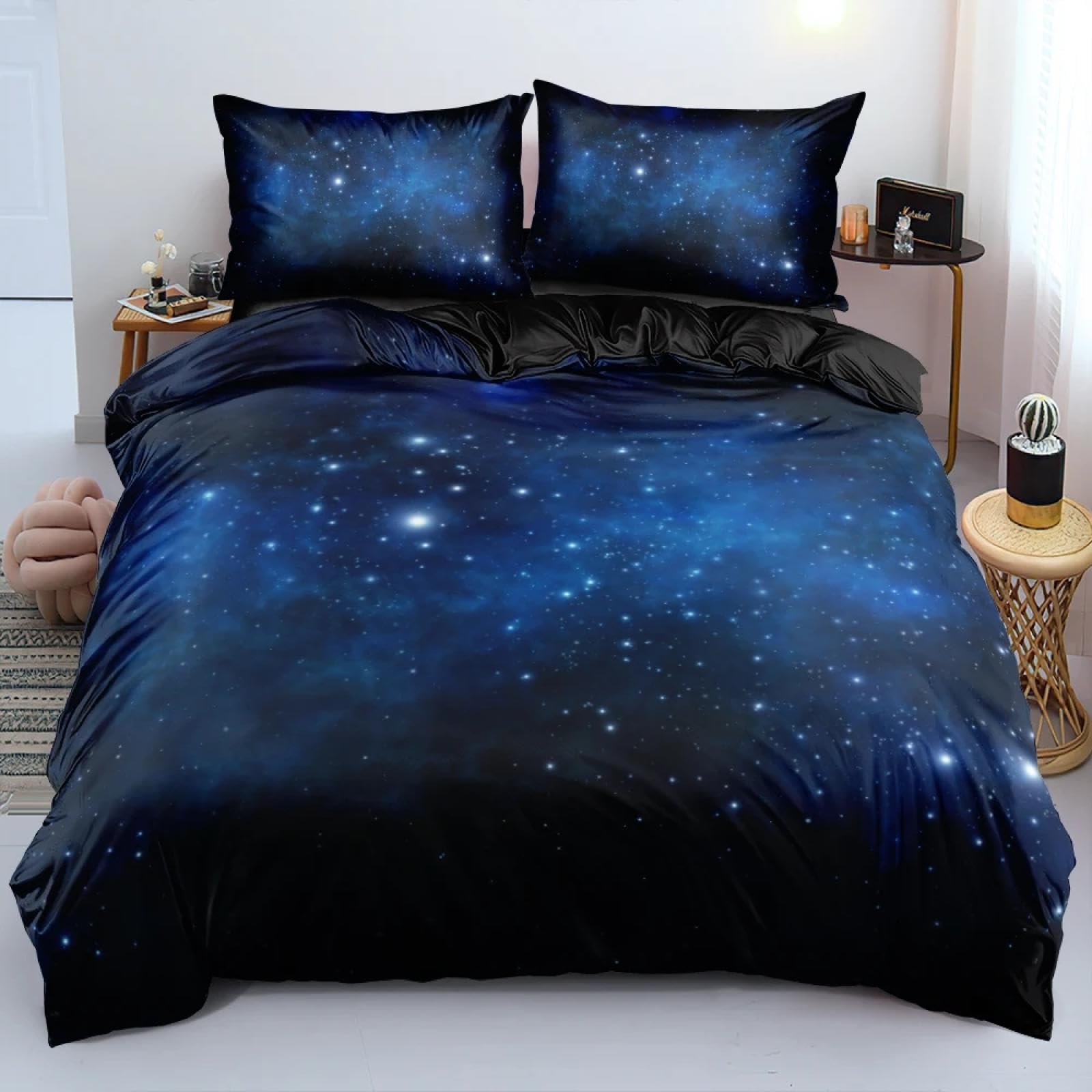 Parure de lit luxe galaxie bleu foncé avec housse de couette double haut de gamme nuit étoilée