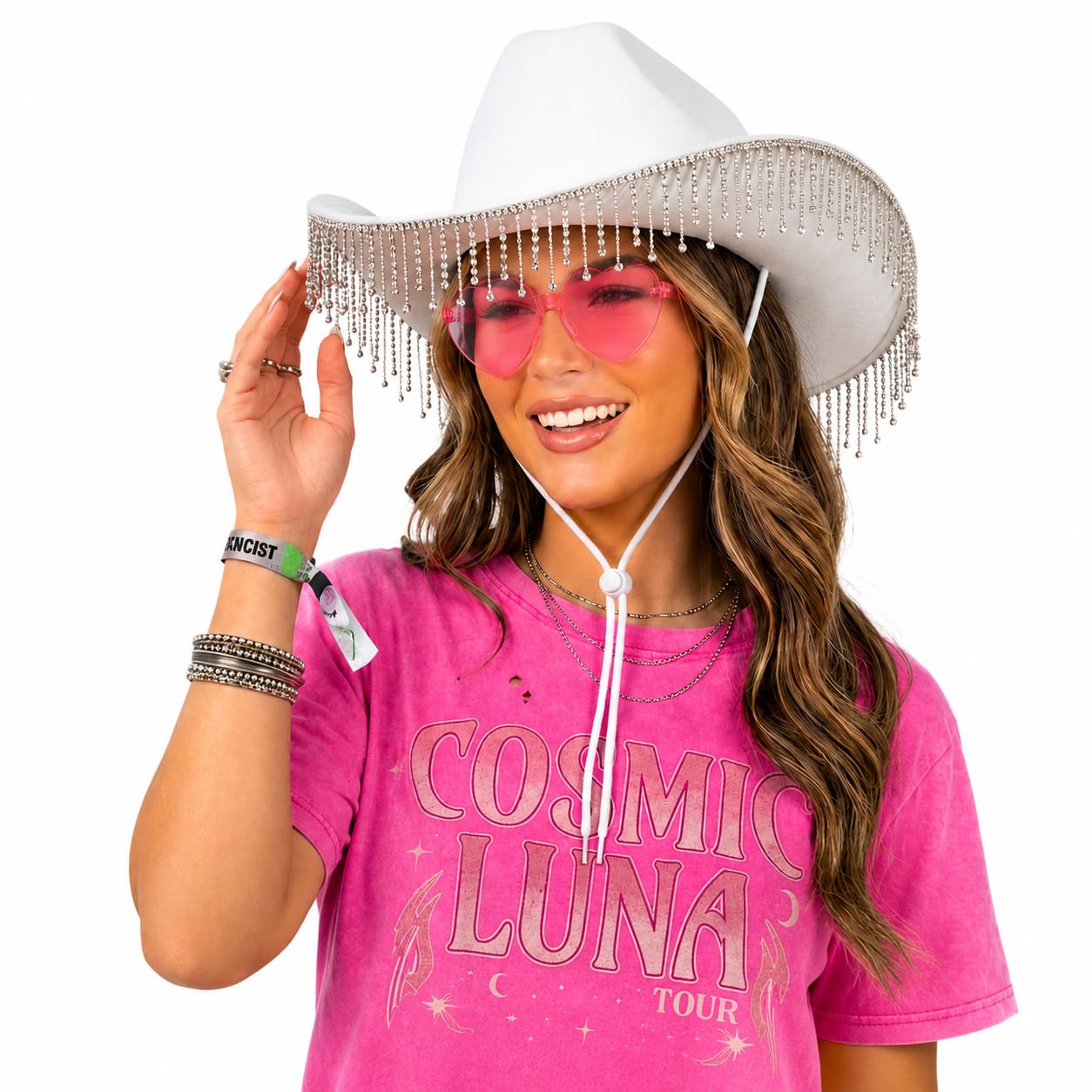 Diamante Cowboy Hat and Heart Shaped Glasses Cowboy Accessories for Women Wild West Fancy Dress - Rhinestone Cowgirl Hat and Heart Glasses Cowgirl Accessories (White)