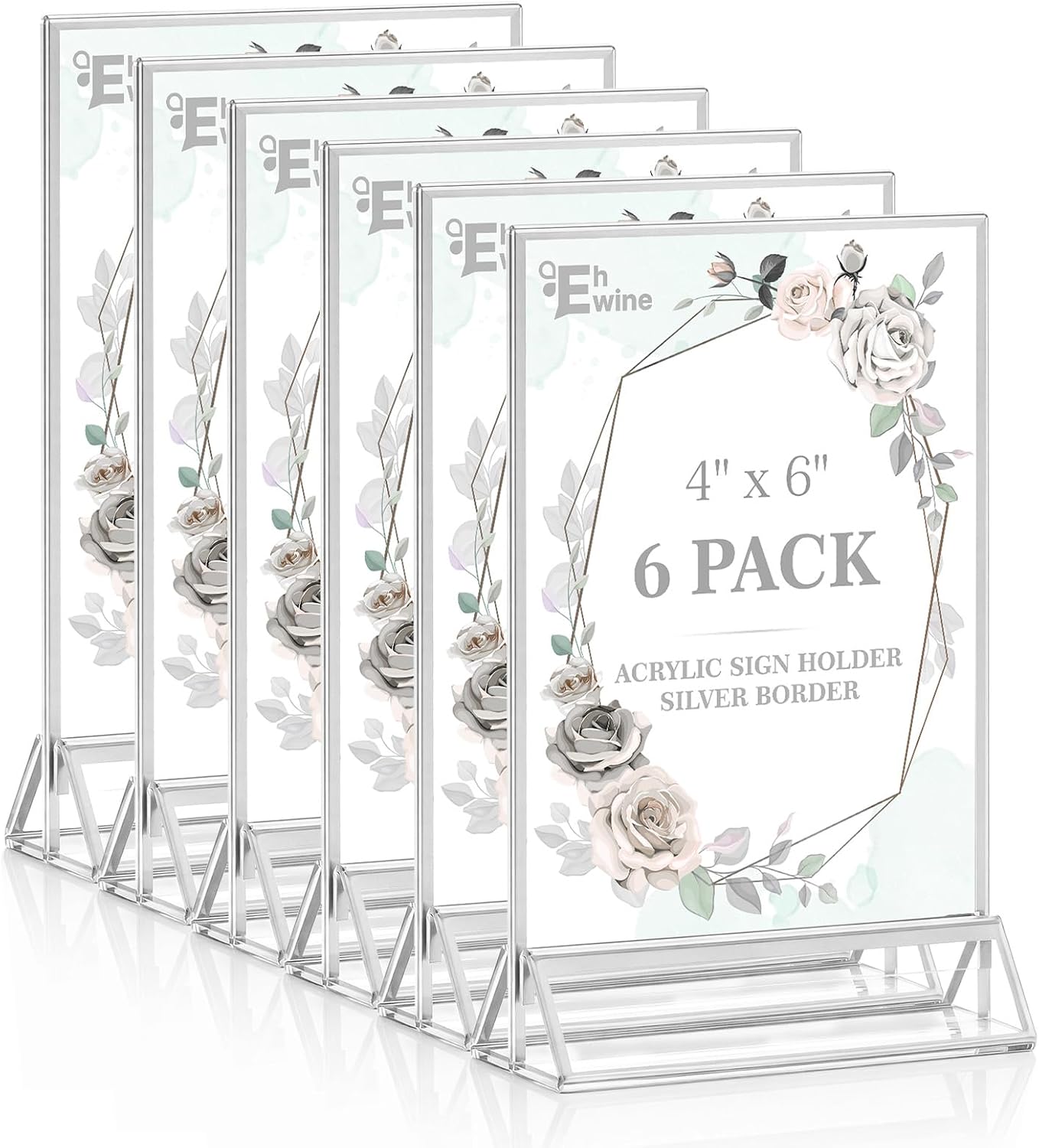 EHWINE 6 Pack Acrylic Sign Holder 4 x 6, Double Sided Silver Picture Frame Stand up Table Top Sign Holders, Clear Display Stand Menu Flyer Holder for Wedding Party (Provide Non-slip Mats)