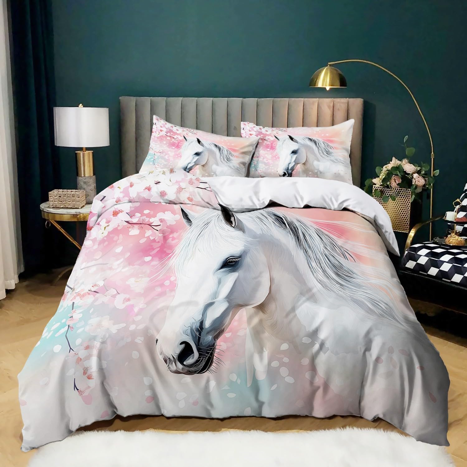 Różowy 3-częściowy kompletny zestaw pościeli 230 x 220 cm kwiat wiśni długi grzywiasty biały koń poszewka na kołdrę z zapięciem na zamek błyskawiczny ultramiękka antyalergiczna nie wymaga prasowania,