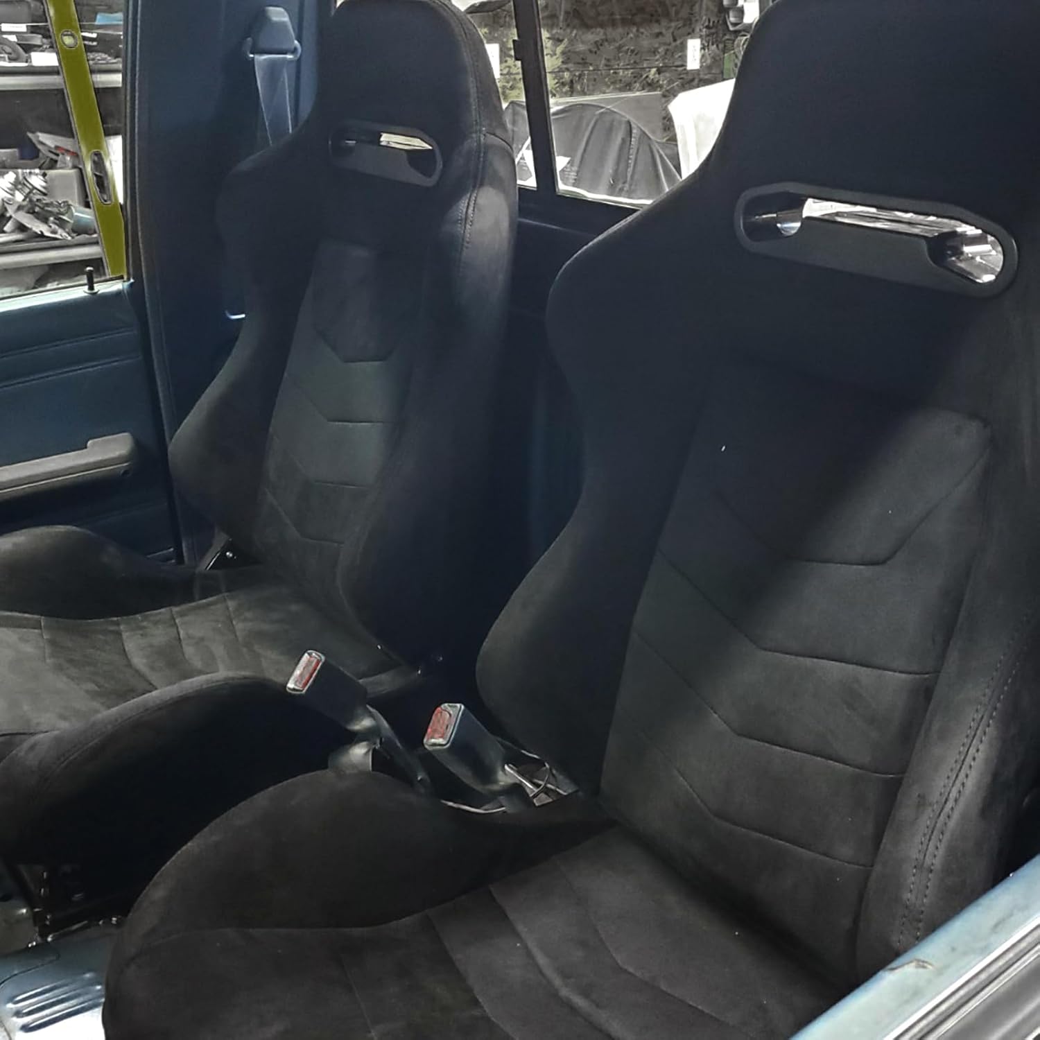 Universal Pairs of Racing Seat with Dual Sliders, PU Leather Front+Carbon Leather Back Reclinable Bucket Seat, Black+Black Stripe