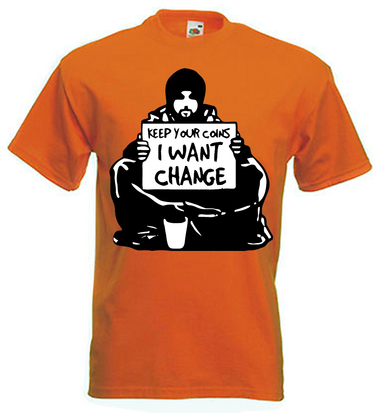 Tribal T-Shirts Men's Orange Banksy Keep Your Coins, I Want Change T-Shirt (Large, )
