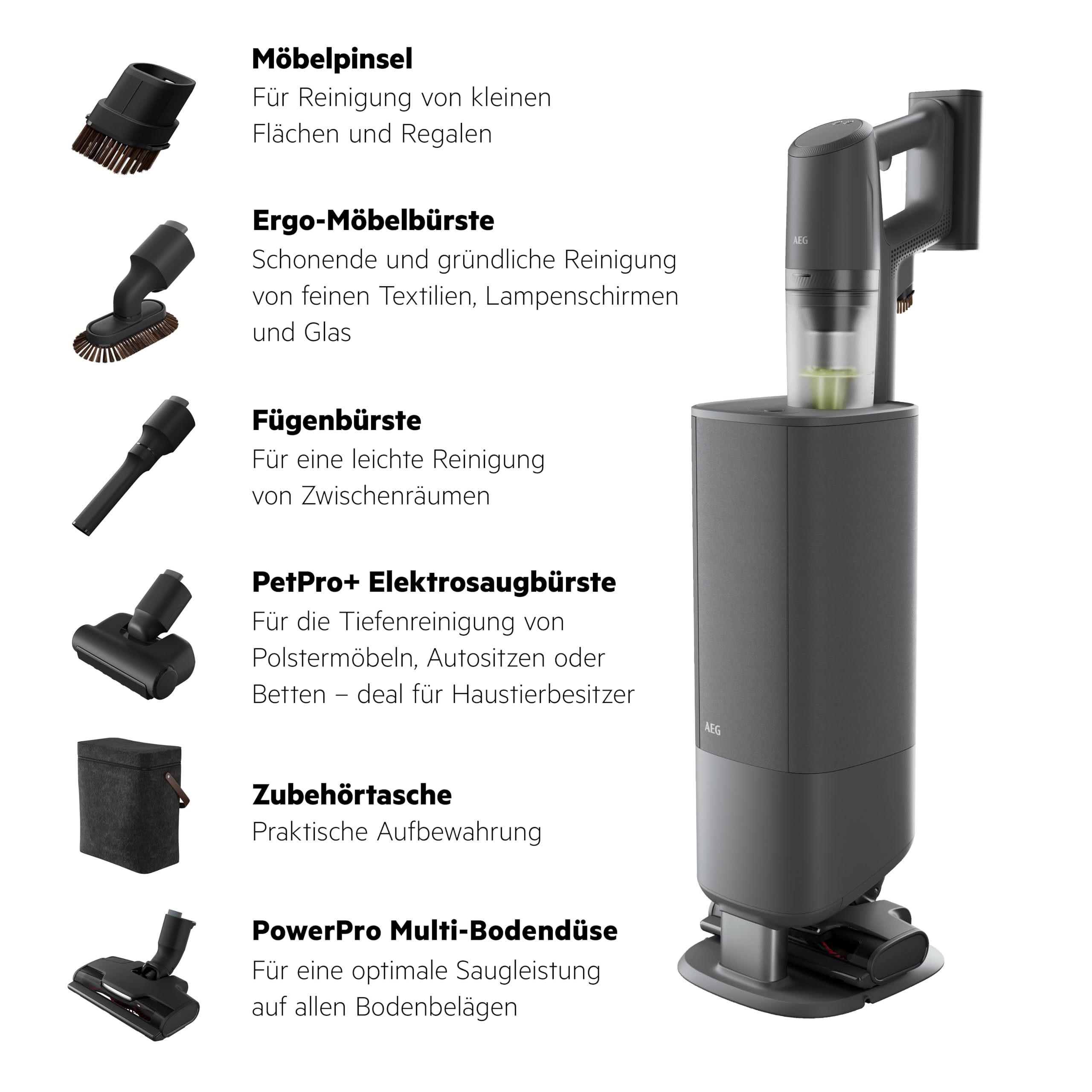 AEG Ultimate 8000 Akku Staubsauger mit Absaugstation, von Stiftung Warentest mit GUT (2,5), Auto‑Modus, 5‑Stufen‑Filtration, für Hartboden, Teppich, 25V Akku wechselbar, 400 ml, Dunkelgrau, AP83AB25DG