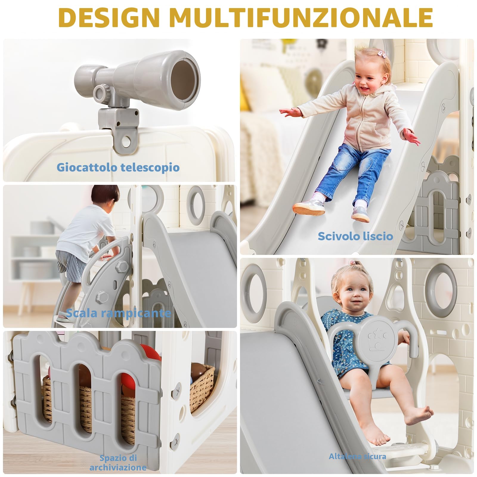 Scivolo per Bambini, Toddler Climber Swing Set, 5 in 1 Parco Giochi, con Altalena, Scivolo, Scala da Arrampicata, Telescopio, Deposito, Set di Giochi per Interni all'aperto, Scivolo Indipendente