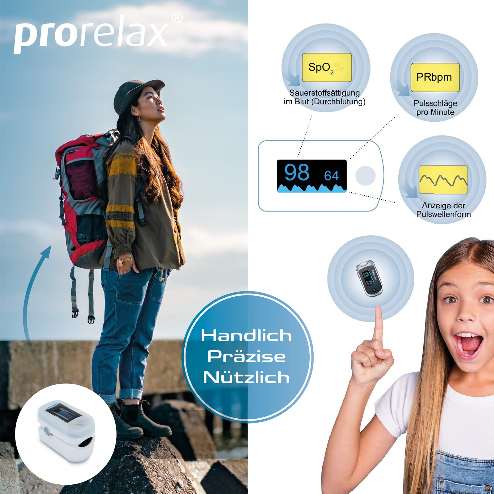prorelax Pulsoximeter | Zur Selbstkontrolle von Herz-Frequenz, Puls-Frequenz und arterieller Sauerstoffsättigung | Einfache Messung am Finger | LED-Display mit großen Ziffern