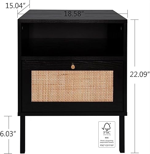 Miniatura 2 de Juego de 2 mesitas de noche de ratán natural, mesa auxiliar decorativa, mesa de noche bohemia con 1 puerta decorada a mano para sala de estar,