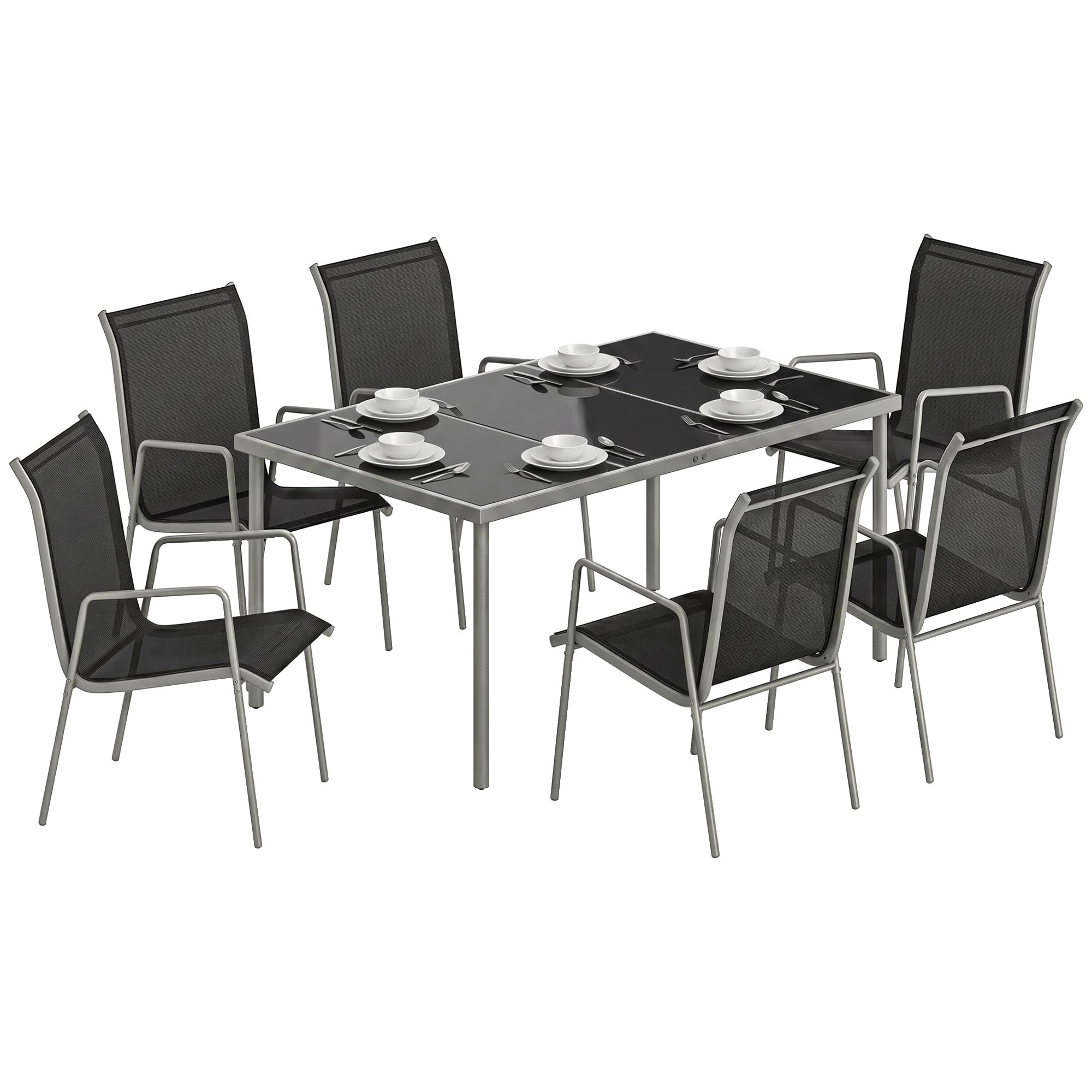 Outsunny Conjunto de Mesa y Sillas Jardín de 7 Piezas, Muebles Jardín Exterior con Mesa de Vidrio Templado, 6 Sillas Apilables Transpirables, Marco de Metal Resistente a la Intemperie, Negro y Plata
