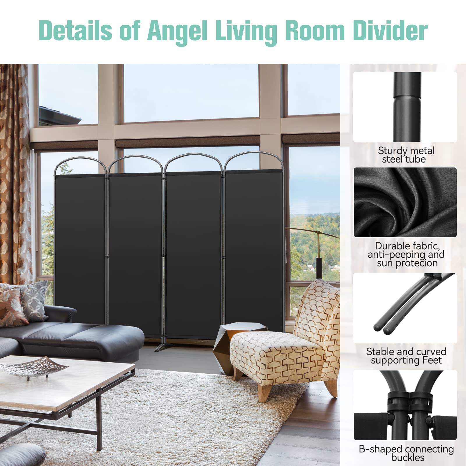 Angel Living Biombo Separador de 4 Paneles con el Techo y la Base en la Forma Curv, Decoración Elegante, Separador de Ambientes Plegable, Divisor de Habitación, 224x182 cm (Negro)