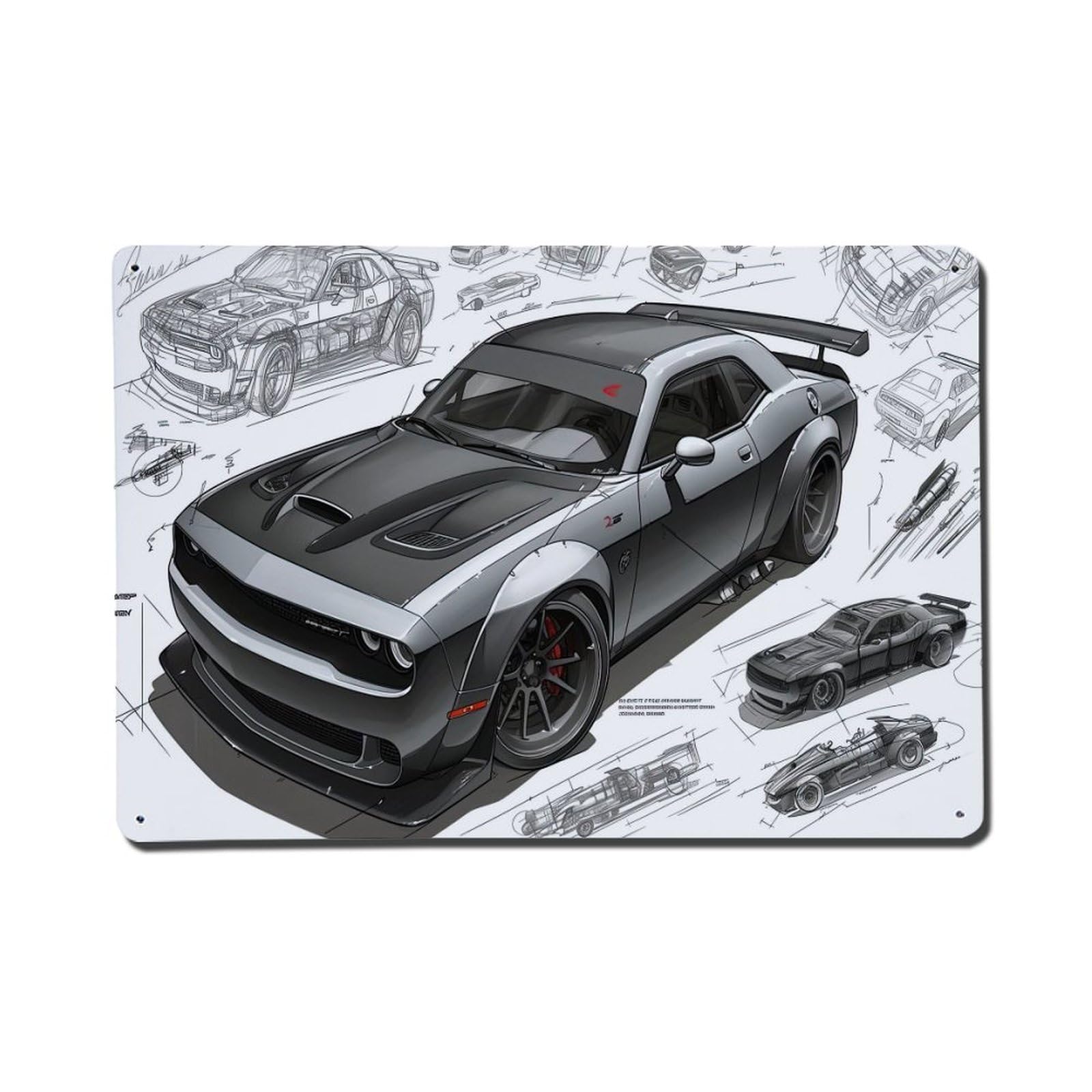 Muscle Car Painting Style for Hellcat Sports Car Metal Tin Sign Plaque Wall Decor for Cafe, Club, Garden Metal Poster 8x12Inch