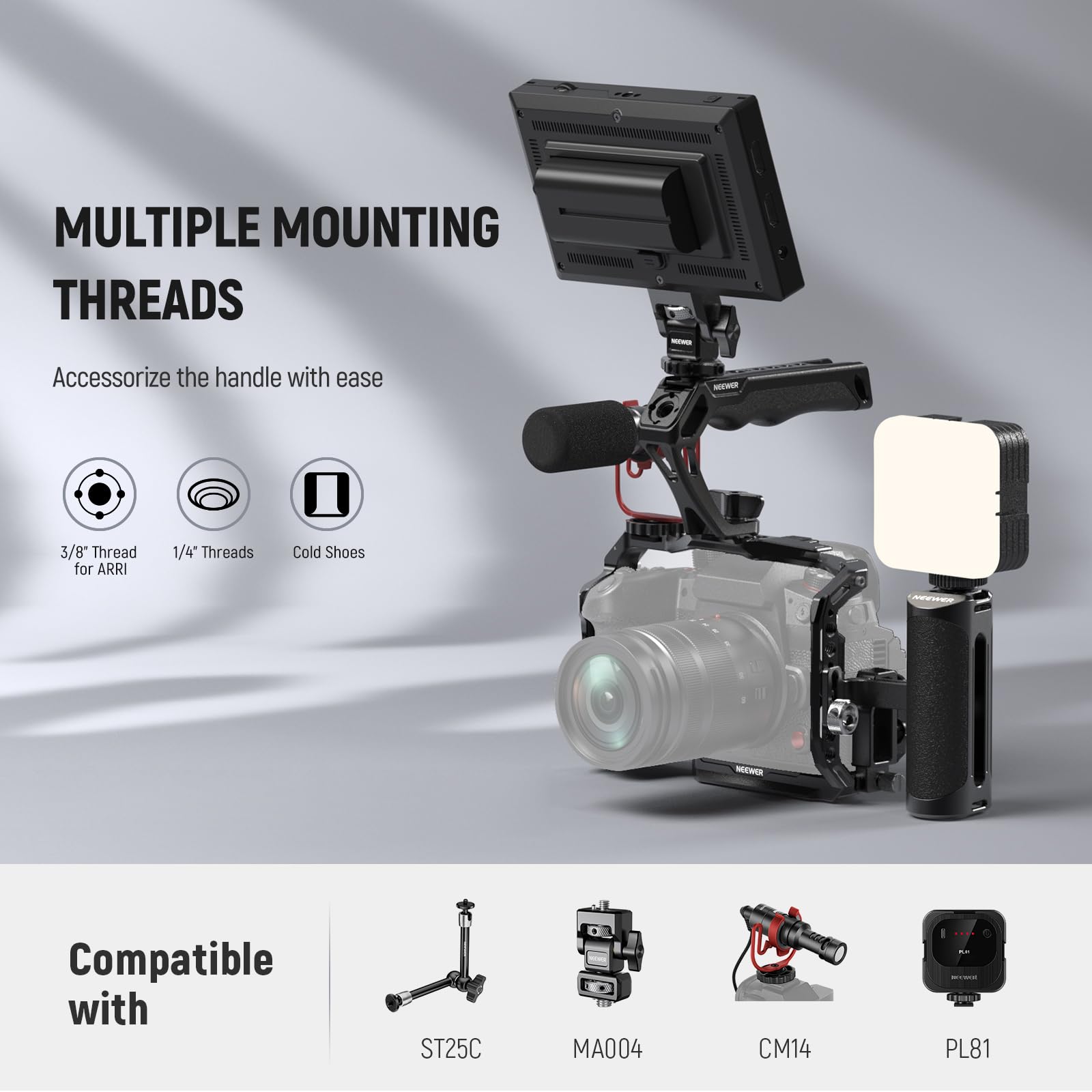 NEEWER Poignée supérieure de caméra avec vis Papillon de 0,95 cm et Broches de localisation pour Arri, poignée en Silicone antidérapante avec Filetage de 6,35 mm et 9,5 mm, Chaussures Froides