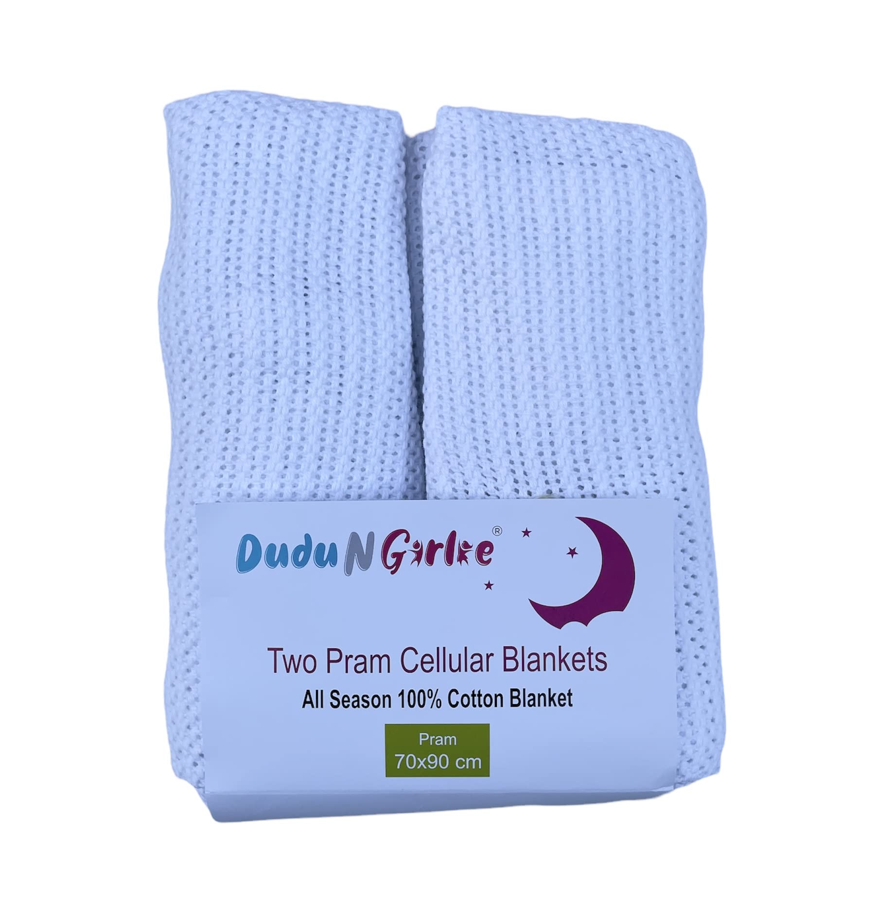DUDU N GIRLIE Baby Blanket - Twin Pack - 100% Pure Natural Cotton - Extra Soft Cellular Baby Blankets - Pram/Travel/Moses Basket 70x90cm- White.