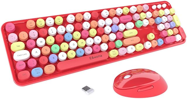 Colorful Computer Wireless Keyboard Mouse Combos, Office Typewriter Flexible Keys Office Full-Sized Keyboard, 2.4GHz One USB Receiver and Optical Mouse (Red-colorful)