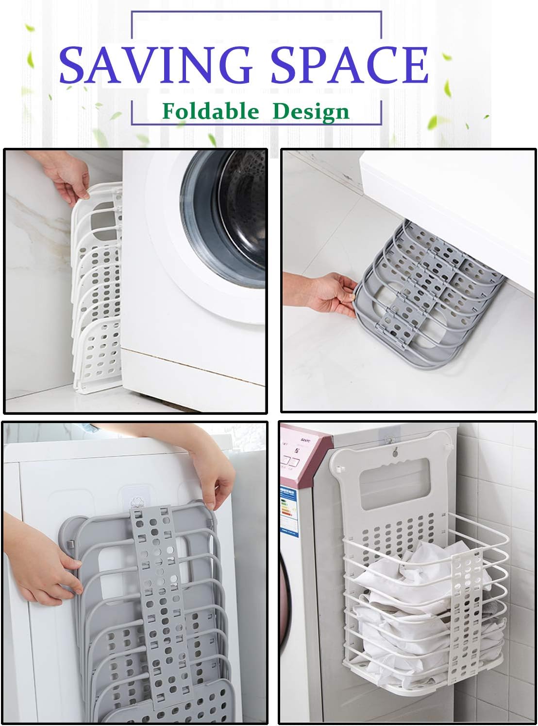 Large Laundry Basket Collapsible Hanging Laundry Basket with Handles Tall Plastic Dirty Laundry Basket Storage for Women Kid's Room Kitchen College Dorm - 2 Pack/White