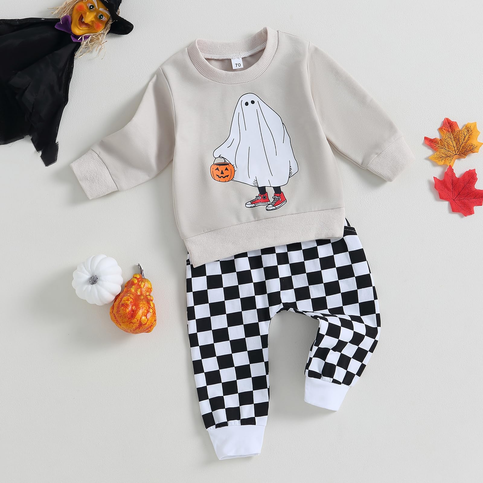 SAYOO Halloween Baby Boy Girl Clothes Funny Ghost Face Pullover Sweatshirt Jogger Pants 2Pcs Fall Holiday Sweatsuits Outfit (White Beige, 0-6 Months)