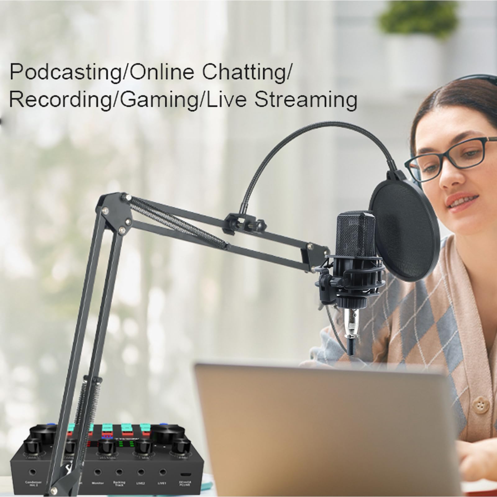 Ensemble d'équipement de podcast Microphone de jeu pour Streaming Dj Sets, Interface audio avec All in One Live Streaming Mixer Audio USB Carte son Karaoké Changement de voix Microphone à