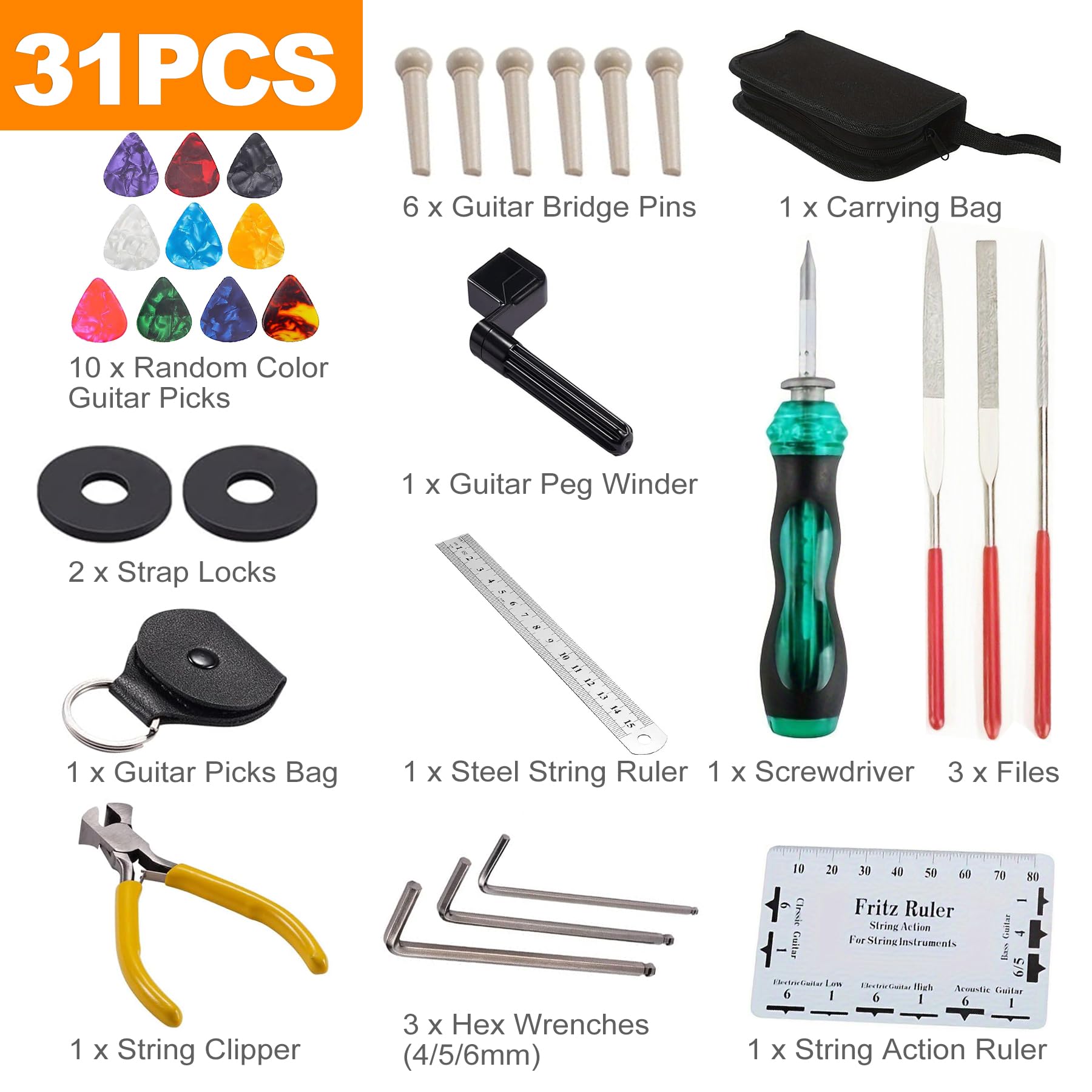 OioTuyi 31 Pcs Guitar Maintenance Tool Kit, Luthier Tool Kit with Carrying Bag for Guitar Ukulele, Bass, Banjo, Mandolin - Image 2