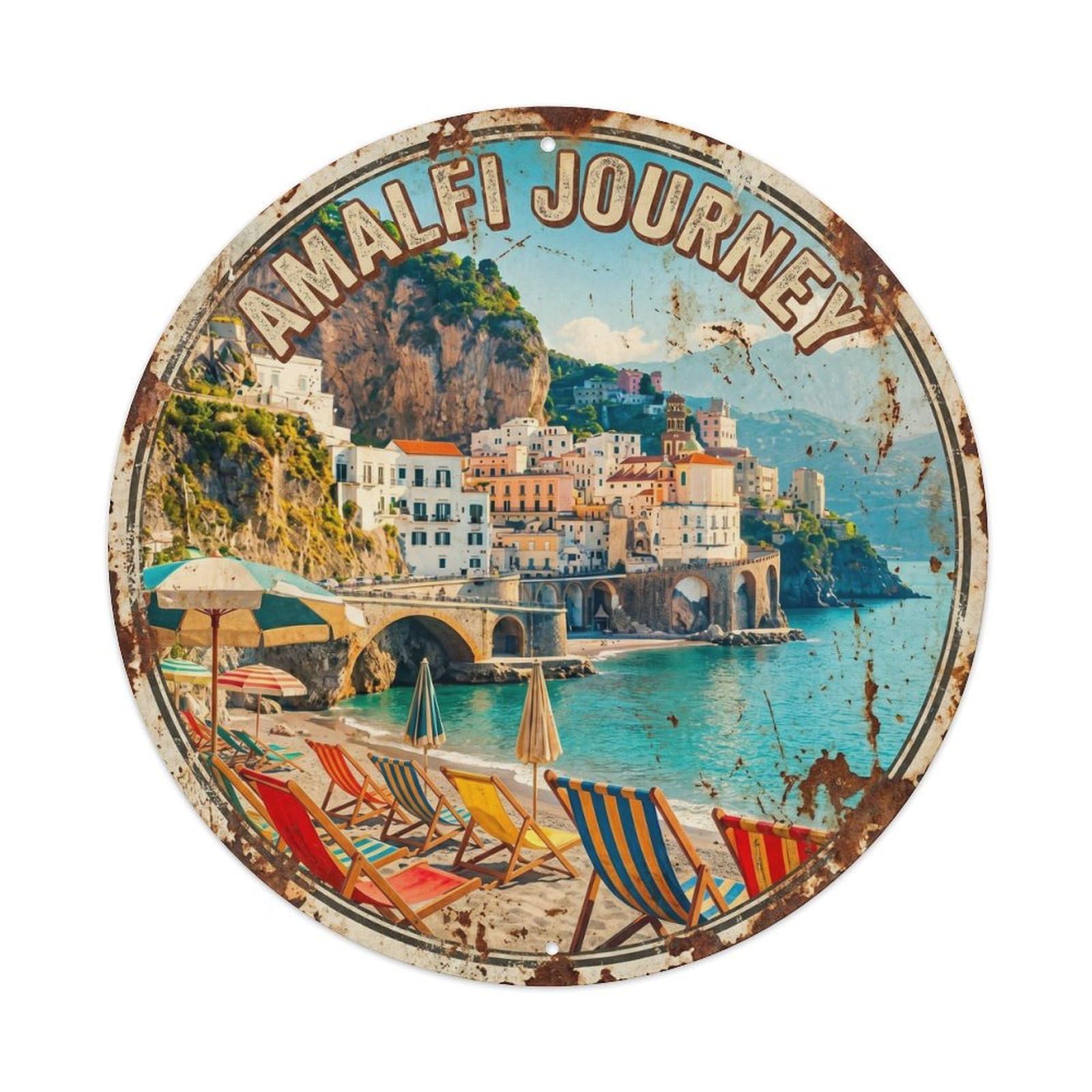 Italian Seaside Coastal Beach Loungers Vacation Classic Travel Metal Tin Sign Plaque Wall Decor for Cafe, Man Cave, Club Bar, Office, Home Garden Round Metal Poster 8x8Inch