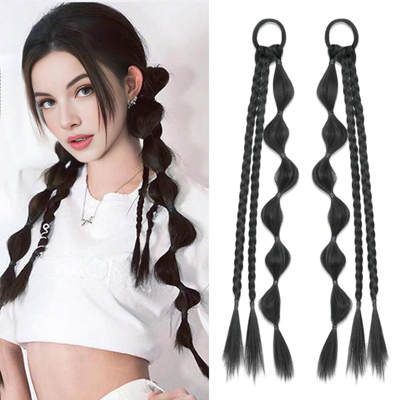 Photo 1 of 2 Pcs Bubble Ponytail Extension with Hair Tie 20 Inch Braided Wrap Around Long Hairpieces Women Daily Wear Fashion Hair Accessories (Natural Black)