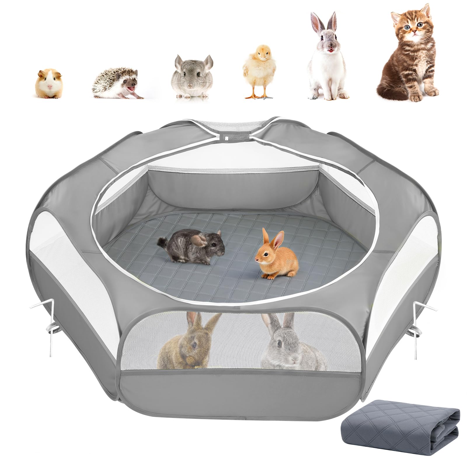 Pawaboo 2-in-1 Small Animals Playpen with Pad, Gray+Gray