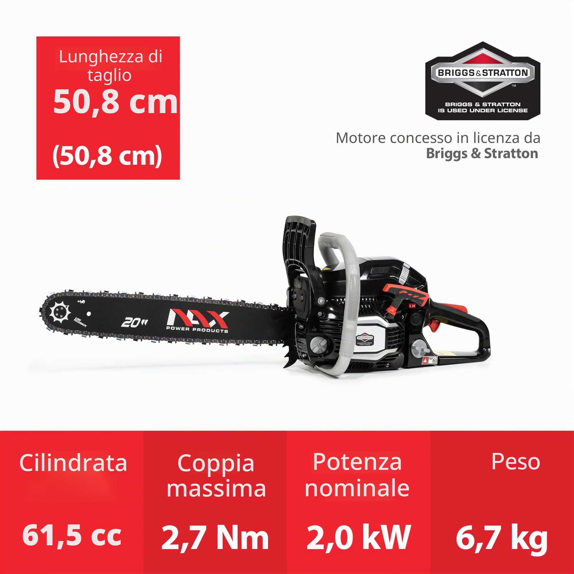 NAX POWER PRODUCTS NAX500C 500C Motore 61,5 cm3 2 kW Briggs & Stratton Prodotto con Licenza Barra Guida 20" 50,8 cm Sistema di Rimbalzo Low Kickback Scoppio Motosega