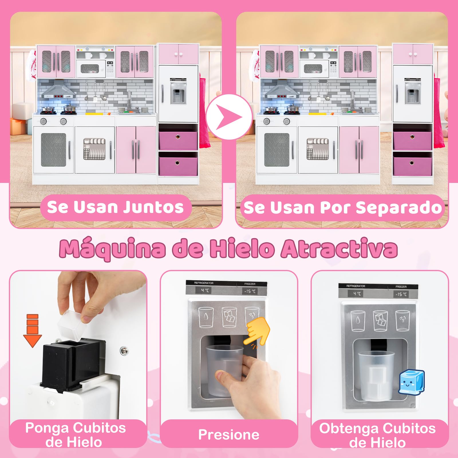 COSTWAY Cocina de Juguete Grande con Luces y Sonidos, Cocinita Infantil de Madera con Refrigerador y Microondas, Almacenamiento y Accesorios,Cocina de Juguete con Circulación de Agua (Rosa)