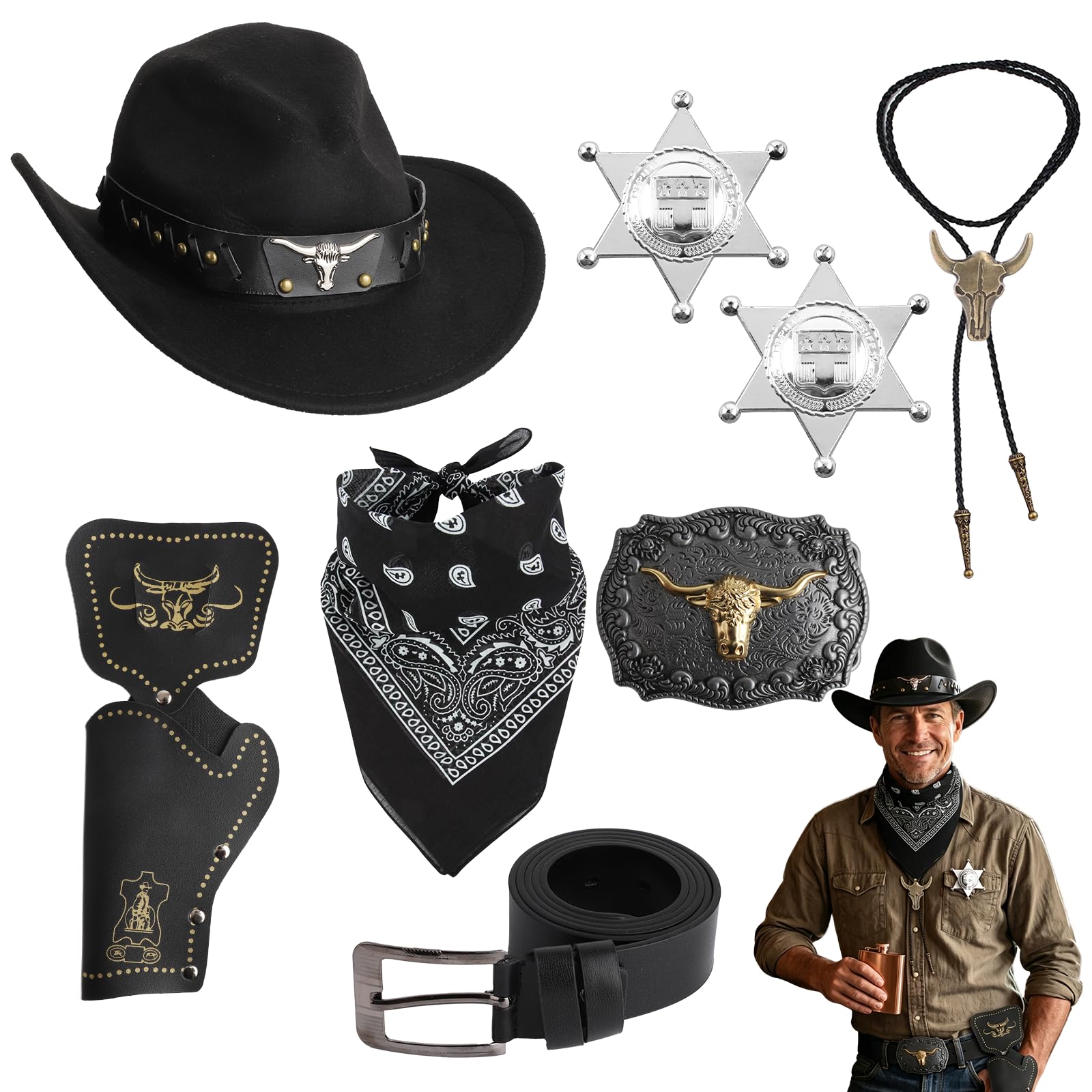 HotoPink Western Cowboy Costume Accessories Set for Men, 8Pcs Wild West Fancy Dress Kit with Black Cowboy Hat, Bandana, Holster, Belt, Necklace, Sheriff Badge for Halloween Cosplay Party